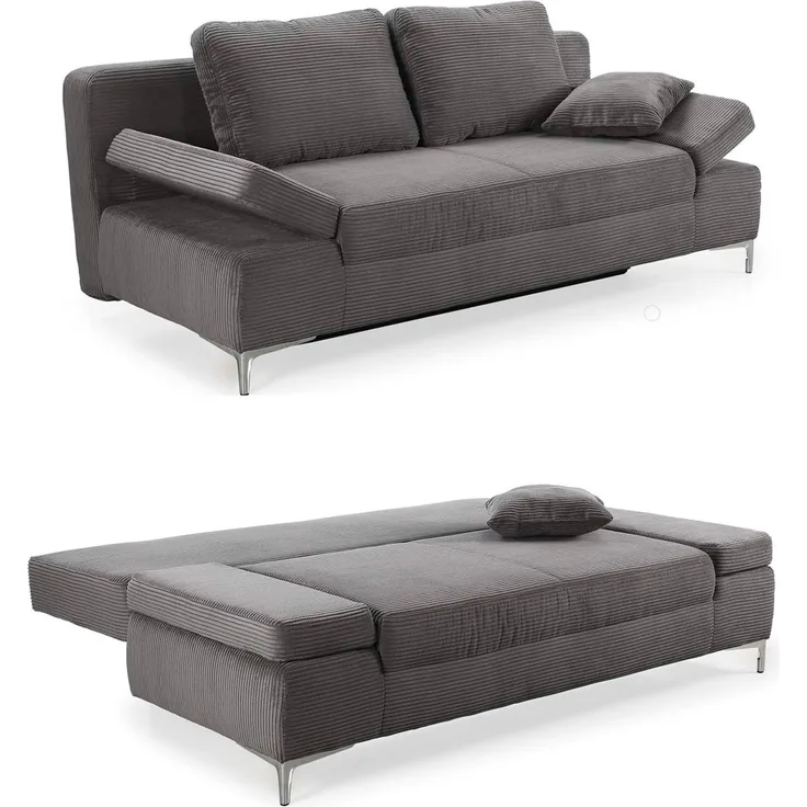 Schlafsofa Federkern Armlehnen verstellbar Couch Bettkasten Cord Dunkelgrau