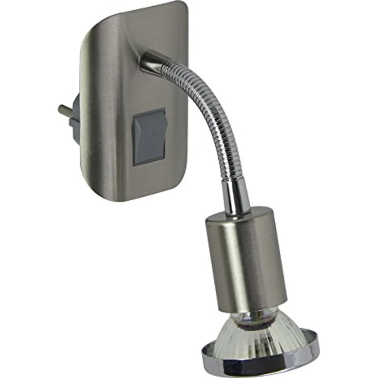 TRANGO LED Steckdosenleuchte, 11-052 Steckerleuchte im Edelstahl-Optik mit Chrom Ring *FLEXI* Steckerlicht, Nachtlicht inkl. je 1x GU10 3000K warmweiß LED Leuchtmittel, ON/OFF Schalter Leselampe, Wandlampe, Küchenlampe – Bild 4