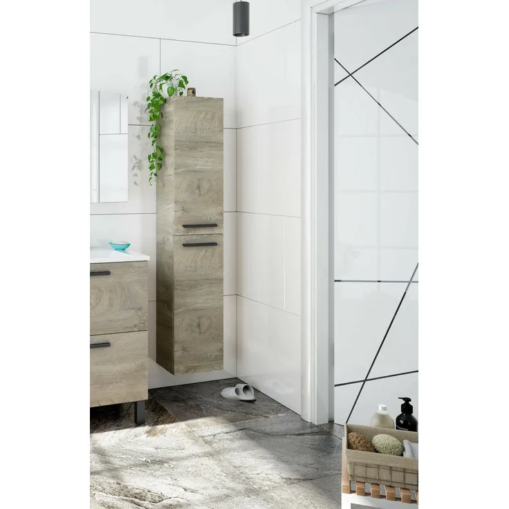 Dmora - Badezimmersäule Alexandria, Säulenschrank für Badezimmer mit 2 Türen, Hängeschrank mit 2 Einlegeböden, cm 30x25h150, Eiche