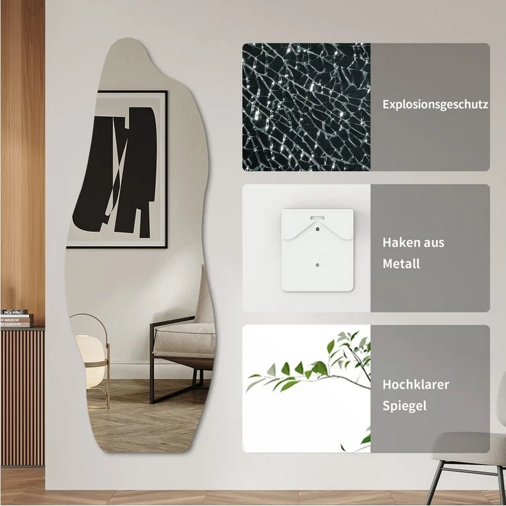 Hopibath Wandspiegel Ganzkörper 165x60cm Ganzkörperspiegel ohne Rahmen (Flurspiegel Dekospiegel modern, 1-St, Rahmenlos, Asymmetrisch), für Garderobe & Flur, Wohnzimmer, Schlafzimmer – Bild 2