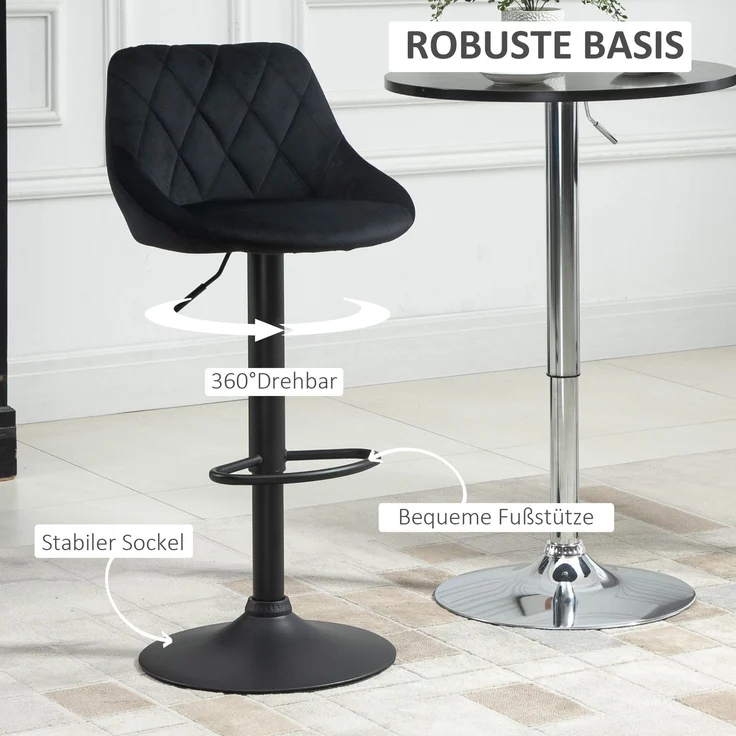 Barhocker 2er-Set Höhenverstellbar Schwarz Bistrohocker mit Fußstütze & Rückenlehne aus Samt & Metall 46x48x83-104cm--Schwarz--51.5x48x83cm--YOUDENOVA – Bild 5