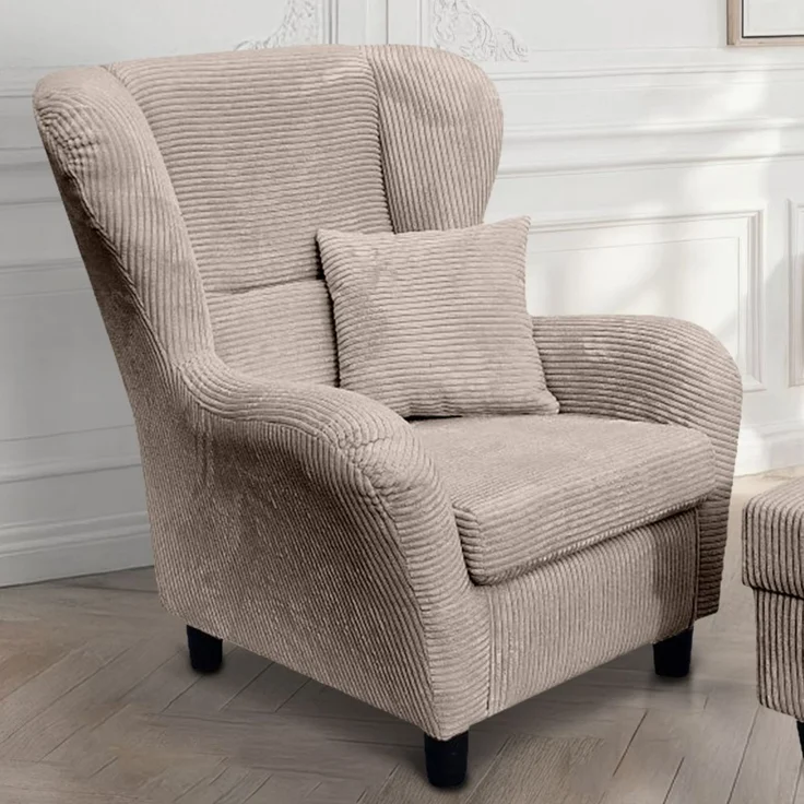 Ohrensessel mit Hocker Landhausstil Polster-TV-Lesesessel Cordstoff Taupe – Bild 3