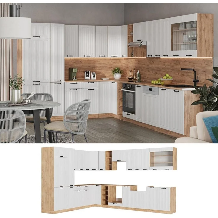 Eckküche Fame-Line Weiß Landhaus/Goldkraft Eiche 347 x 257 cm, AP Marmor Vicco – Bild 5