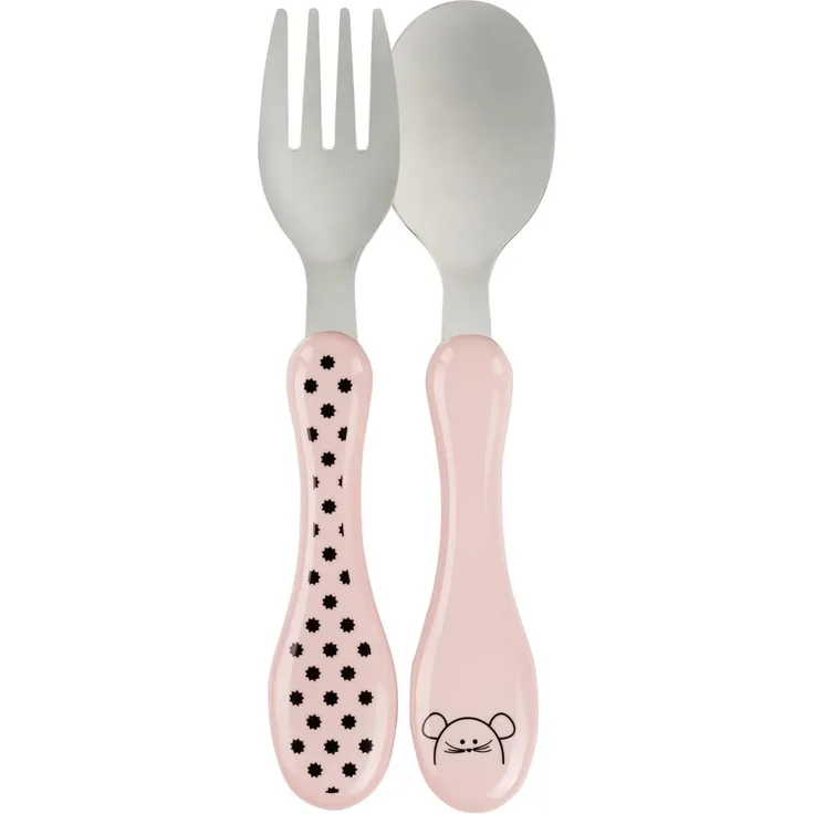 LÄSSIG Kinderbesteck Set 2-teilig Löffel Gabel Edelstahl Kunststoffgriff-Cutlery Little Chums Mouse, rosa