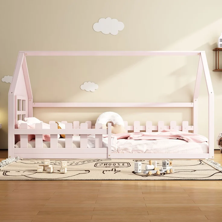 Kinderbett 90x200 cm in Hausform, rosa Jugendbett aus Kiefer & MDF, stabiles Hausbett für Mädchenzimmer – Bild 4