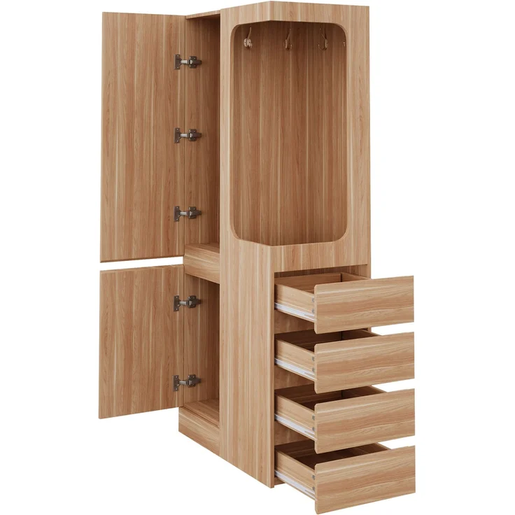 CHICFURN Kleiderschrank 70x170x40 cm aus Holz mit 4 Schubladen und offenem Hängefach Naturholz – Bild 6