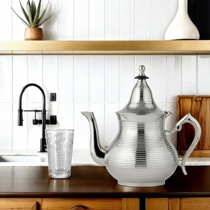 Marrakesch Orient & Mediterran Interior Teekanne Marokkanische Deko Teekanne aus Messing Kanne Nadima Silber 750ml, (1-St), Handarbeit – Bild 2