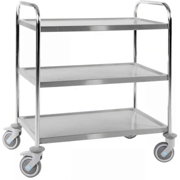 Kongamek Edelstahl- Tischwagen rostfrei mit 3 Böden 825x500mm mit Gummibereifung und Bremse