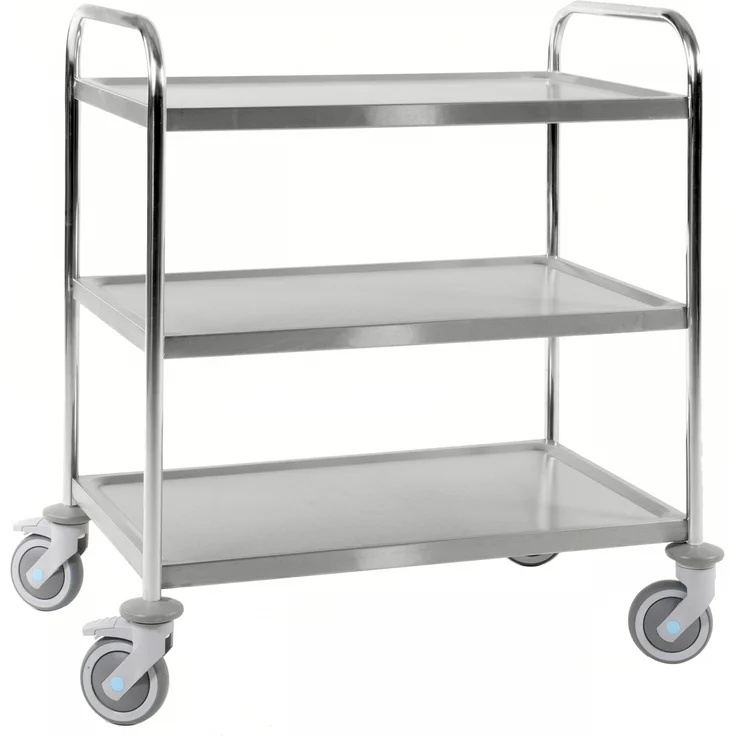 Kongamek Edelstahl- Tischwagen rostfrei mit 3 Böden 825x500mm mit Gummibereifung und Bremse