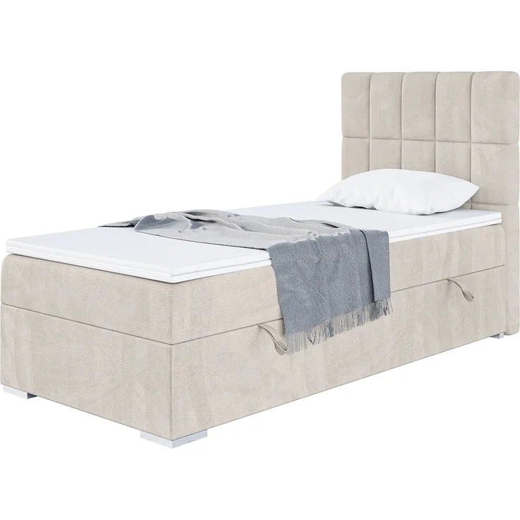 MEBLINI Boxspringbett LUKAS 100x200 cm mit Bettkasten - H4/Beige Samt Gepolstert Einzelbett mit Topper & Taschenfederkern-Matratze - 100x200 Rechts