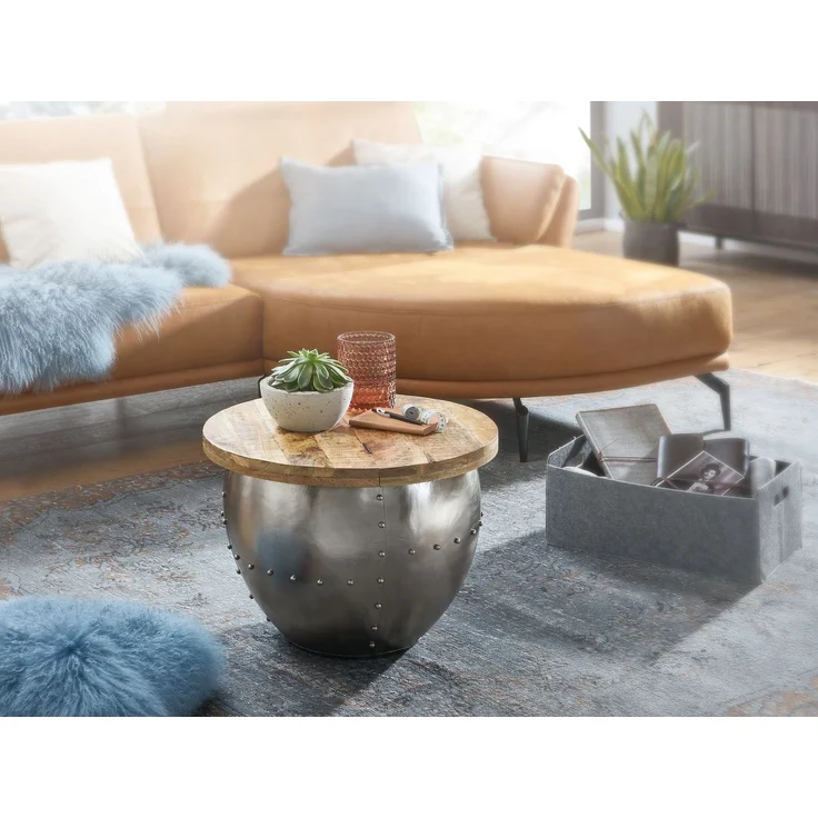 Wohnling Runder Couchtisch im Industrial Style, Mango Massivholz/Metall Silber, 60 x 43 x 60 cm – Bild 4