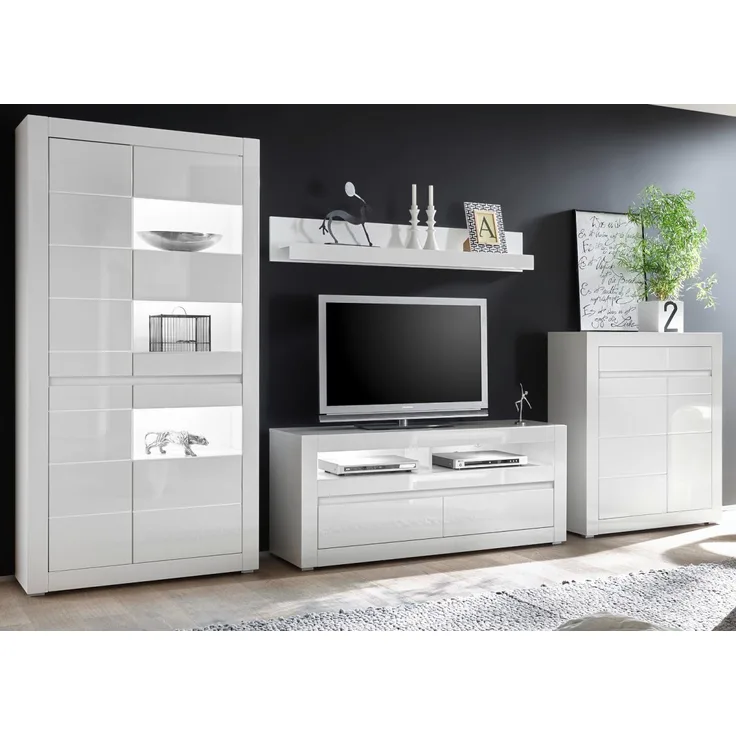 Wohnwand 4-tlg. Nobile in Hochglanz weiß / Stone Design grau 370 x 198 cm
