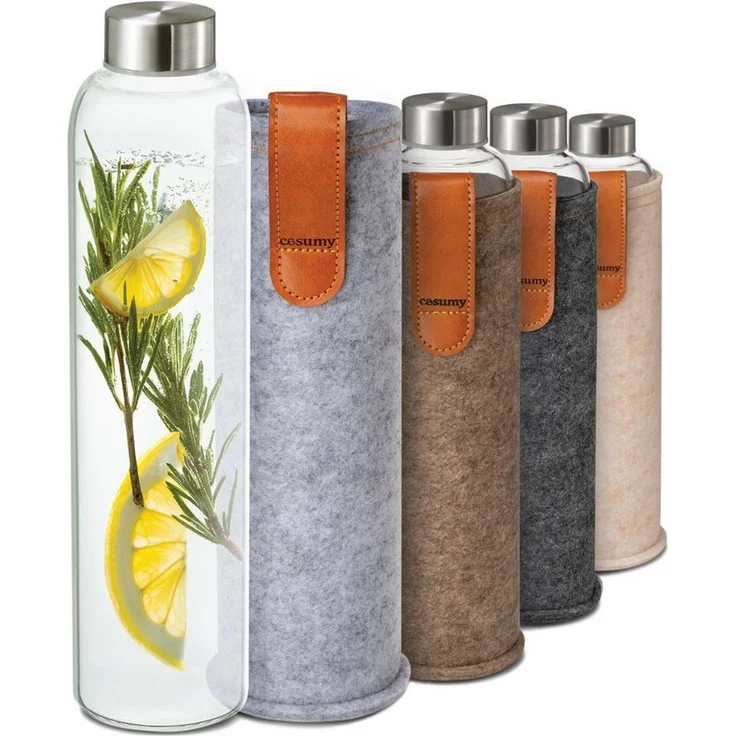 Cosumy Trinkflasche Trinkflasche aus Glas mit Filzbeutel 750ml - Spülmaschinenfest, Hellgrau - BPA-freie Wasserflasche - für Kohlensäure geeignet – Bild 5