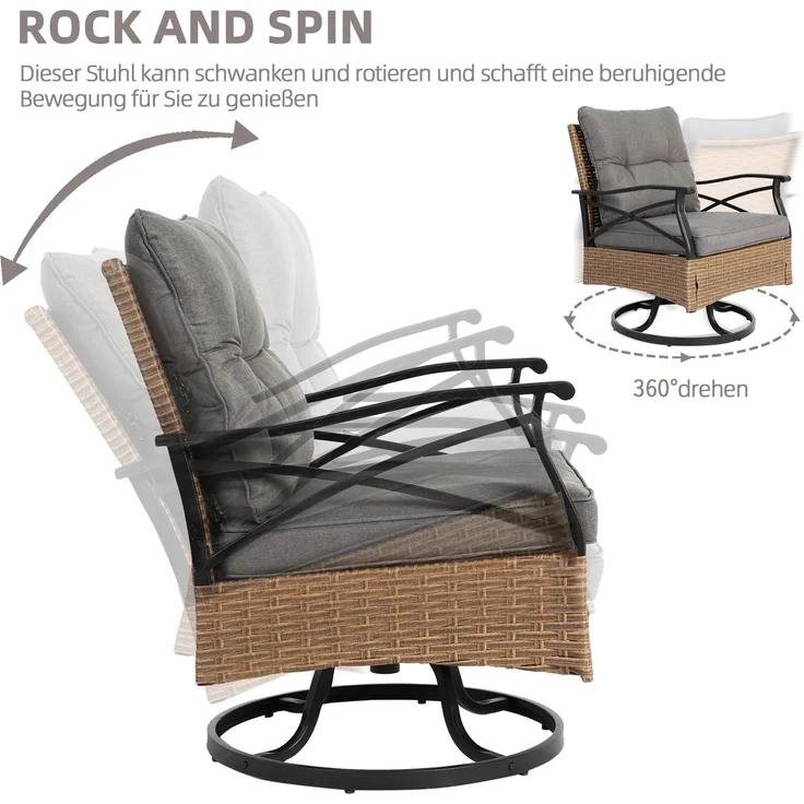 LVHOM Gartenmöbel-Set 3-tlg, Balkonset inkl. 2 drehbare Sessel und Tisch, Polyrattan, wetterfest, Gartenlounge-Set, Grau – Bild 6