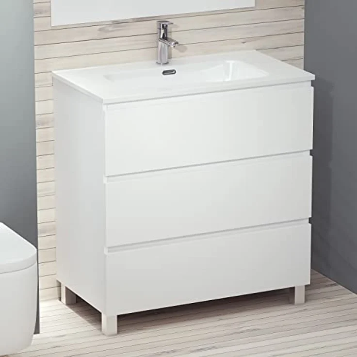 Baikal LESI 280034102 Badezimmer mit Beinen, Waschbecken und Spiegel mit LED-Licht, DREI Schubladen, Maße Möbel 80 x 76 x 46 cm, Weiß matt, Melamin 16 mm – Bild 4