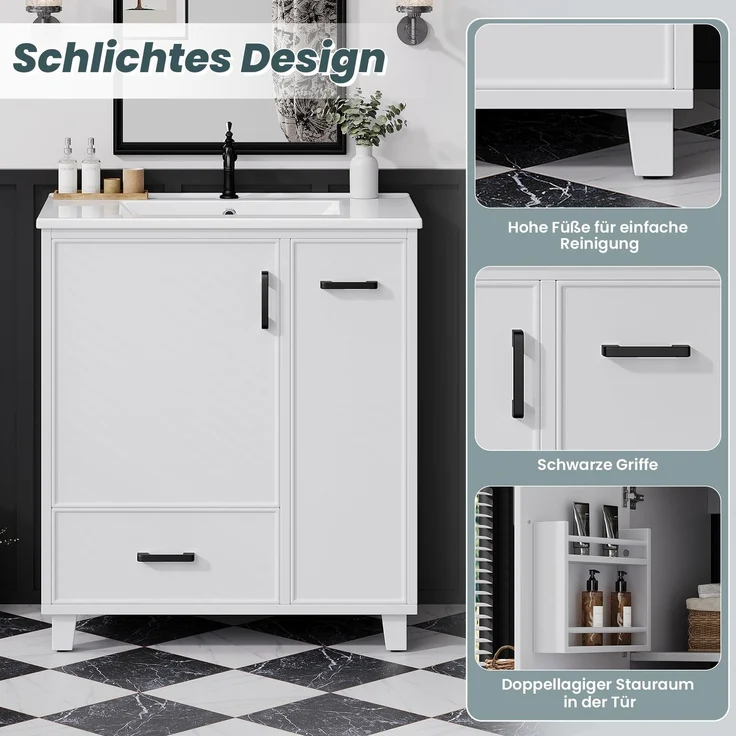 76,5 x 47 x 82 cm, bodenstehender Waschtischunterschrank, lackierte Oberfläche, seitlicher Auszug mit zwei Ebenen, integriertes Keramikwaschbecken, Ablagefach an der Türinnenseite, Weiß. – Bild 9