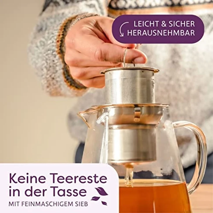 Cosumy Teekanne Teekanne Glas mit Edelstahl Siebeinsatz 1,3 L - Mit Untersetzer, 1300 l, (Set, Teekanne mit Siebeinsatz und Untersetzer), mit Siebeinsatz inkl. Untersetzer - Spülmaschinenfest - Hitzebeständig – Bild 3