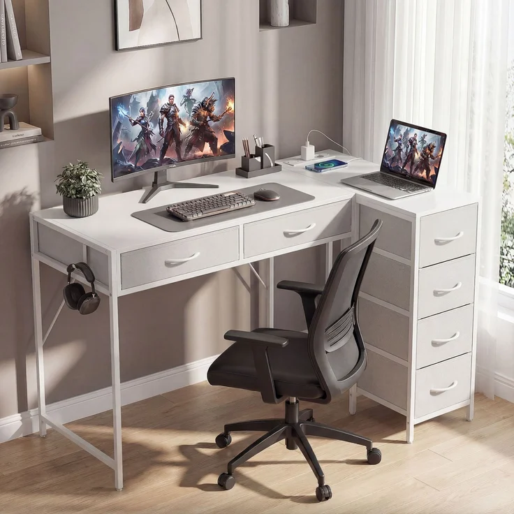 JARDJ Wendbarer Eckschreibtisch mit 6 Schubladen (126 x 48 cm), Steckdose, USB- und USB-C-Ladeanschluss, Weiß – Bild 3
