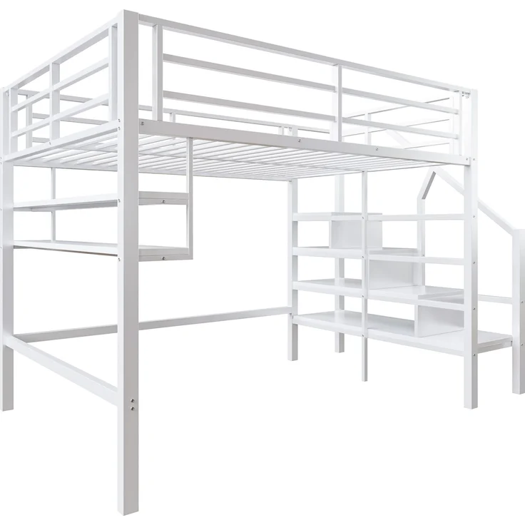Bett 140x200 cm mit Stauraumleiter und Einlegeböden – Hochbett mit Geländer, weiß – Bild 2