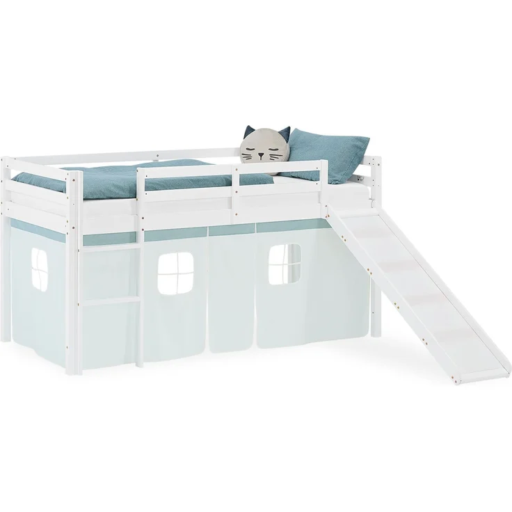 Hochbett Kinder 90x200 cm mit Rutsche Kinderbett Kinderhochbett Stockbett Vorhang Grün Mintgrün Leiter Holz Massiv – Bild 1