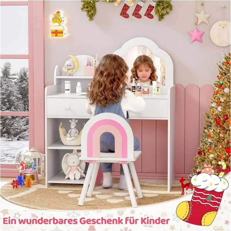 TLGREEN Schminktisch, Kinder Schminktisch mit Spiegel und Stuhl (Mädchen Schreibtisch & Maltisch mit 2 Schubladen, Prinzessin Frisiertisch aus Holz), 73.5x40x90.5cm, Sicher & Stabil – Bild 2