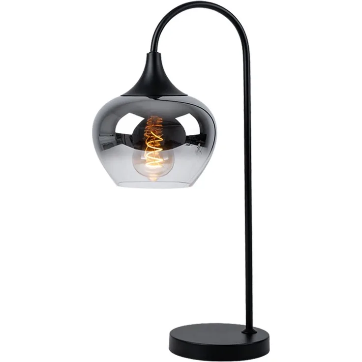 Tischleuchte, gebogen, Glas rauch, schwarz, H 54 cm