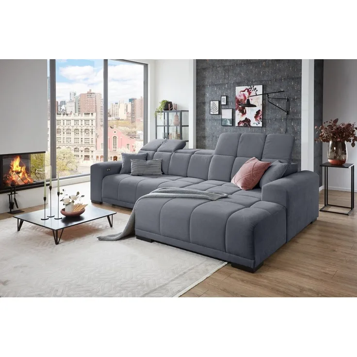 Iwaniccy Wohnlandschaft Kopfteilverstellung, 2 Kissen, grau - 301x113x195cm (BxHxT)
