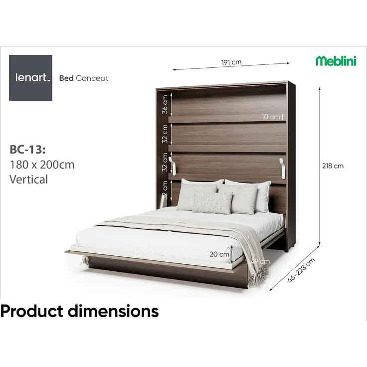 MEBLINI Schrankbett BC-13 - 180x200cm Vertikal - Dunin Eiche - Wandbett mit Lattenrost - Klappbett mit Schrank - Wandklappbett - Murphy Bed - Bettschrank – Bild 3