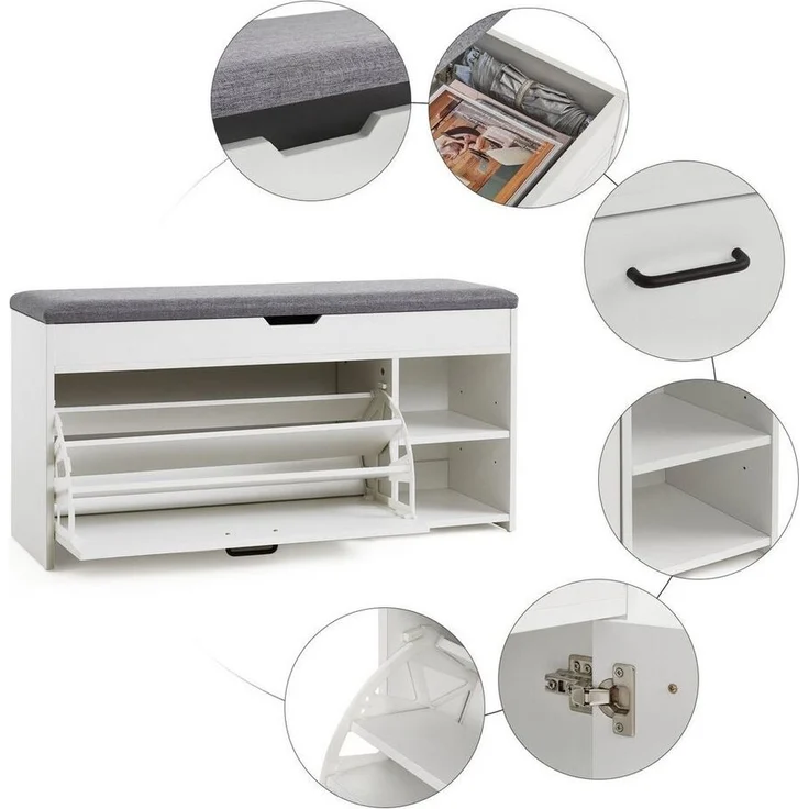 Mondeer Schuhbank Schuhhocker, mit Sitzfläche, mit Klappschublade, 100 x 30 x 52 cm, Weiß + Grau – Bild 3