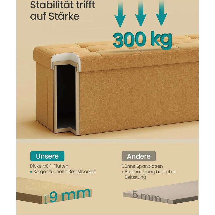 SONGMICS Sitzhocker mit Stauraum, klappbare Sitzbank, 38 x 110 x 38 cm Fußbank, Aufbewahrungsbox, bis 300 kg belastbar, für Wohnzimmer Schlafzimmer Flur, ingwergelb – Bild 5
