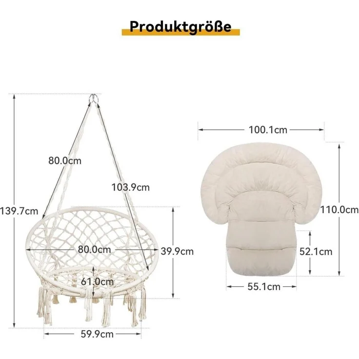 Hängesessel Makramee Bohemian Kissen Indoor Outdoor 150kg Beige – Bild 7