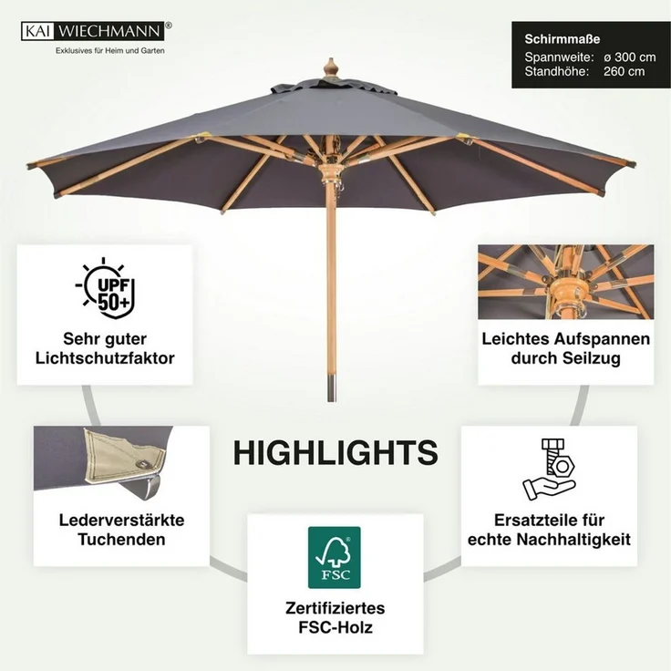 Kai Wiechmann Sonnenschirm Stylischer Balkonschirm 300 cm als hochwertiger Schattenspender, Gartenschirm aus Holz mit Windauslass & UPF 50+ – Bild 2