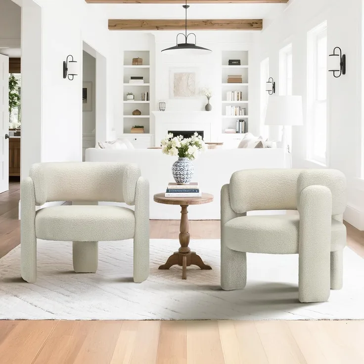 COLAMY Modern Velvet Ohrensessel 2er Set, Gepolsterter Sessel Wohnzimmer, Bequemer Runder loungesessel mit 3 Beinen für Wohnzimmer, Schlafzimmer, Leseecke, Creme