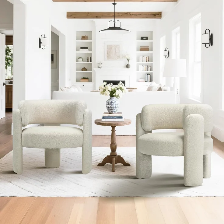 COLAMY Modern Velvet Ohrensessel 2er Set, Gepolsterter Sessel Wohnzimmer, Bequemer Runder loungesessel mit 3 Beinen für Wohnzimmer, Schlafzimmer, Leseecke, Creme