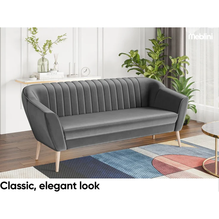 MEBLINI Sofa-Set KAIA 3+1+1 - Dunkelgrau Samt - für Wohnzimmer - Mini Lounge für fünf Personen - Küchensofa - Sofa Klein - Sitzgarnitur - Polstergarnitur - Sofagarnituren – Bild 3