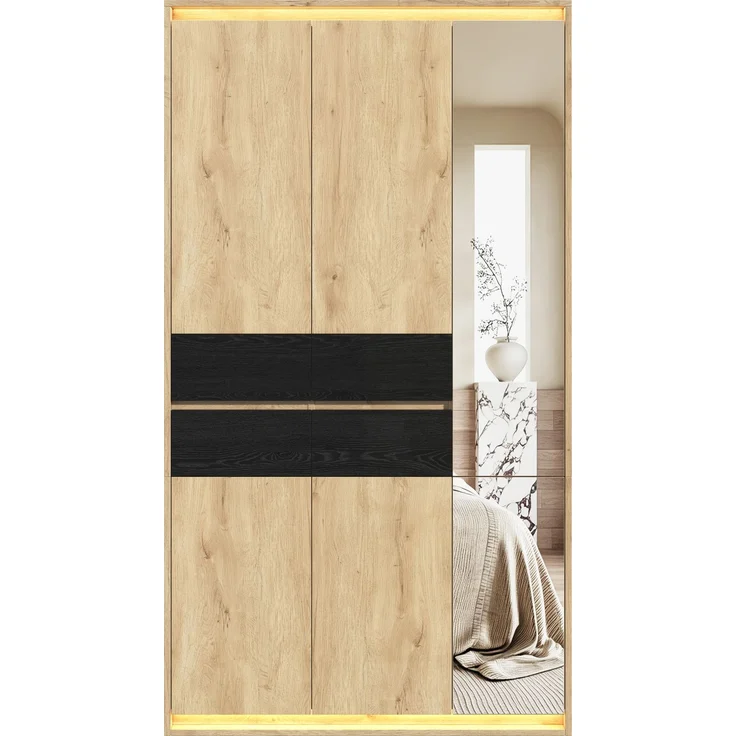 Drehtürenschrank 110 x 47 x 200 cm aus MDF in Eiche-Optik mit Spiegel und LED-Beleuchtung – Bild 3