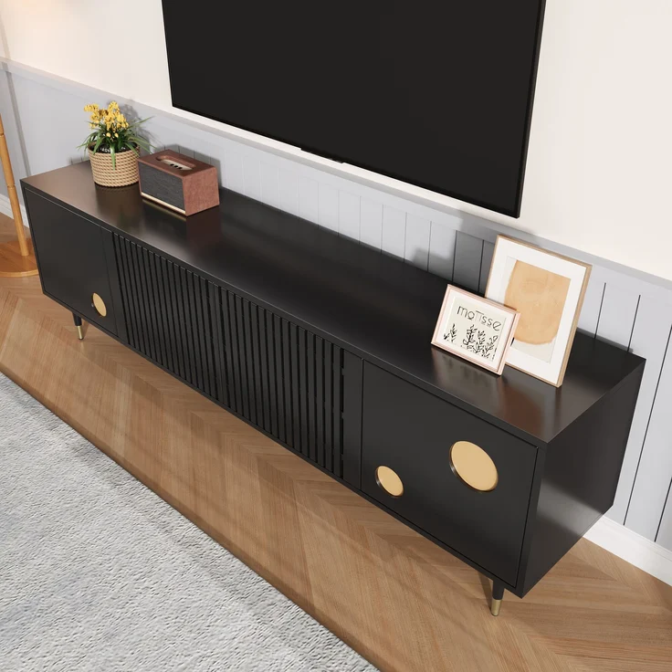 TV-Schrank aus MDF mit 4 Türen & Kabelmanagement, 170x36x54 cm, Schwarz – Bild 7