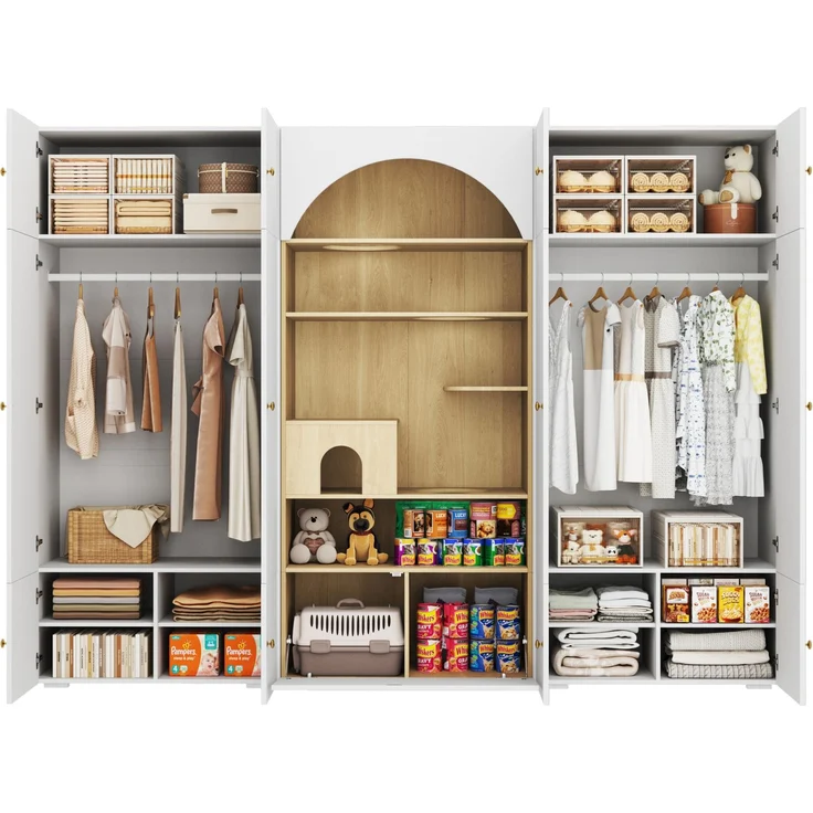 Kleiderschrank 270 x 50 x 200 cm in Weiß und Holzoptik mit Katzenkletterwand und Kleiderstange – Bild 6