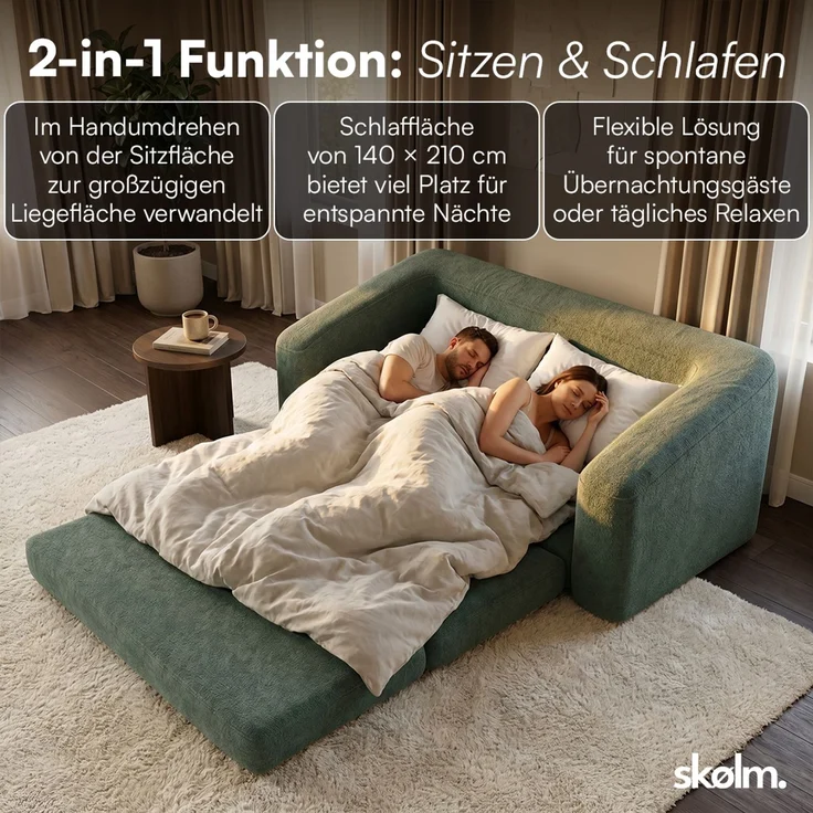skølm 'Fjäll' Schlafsofa 2 Sitzer mit 2 Kissen, dunkelgrün, Teddy-Bouclé Sofa ausklappbar, mit Liegefunktion, vakuumverpackt ohne Aufbau – Bild 5