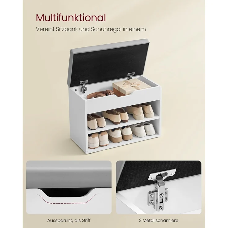 VASAGLE Schuhbank, Sitzbank, Schuhregal mit gepolstertem Kissen, Schuhorganizer mit 3 Ebenen, 30 x 60 x 44 cm, für Flur, Wohnzimmer und Schlafzimmer, wolkenweiß LHS020W01 – Bild 4
