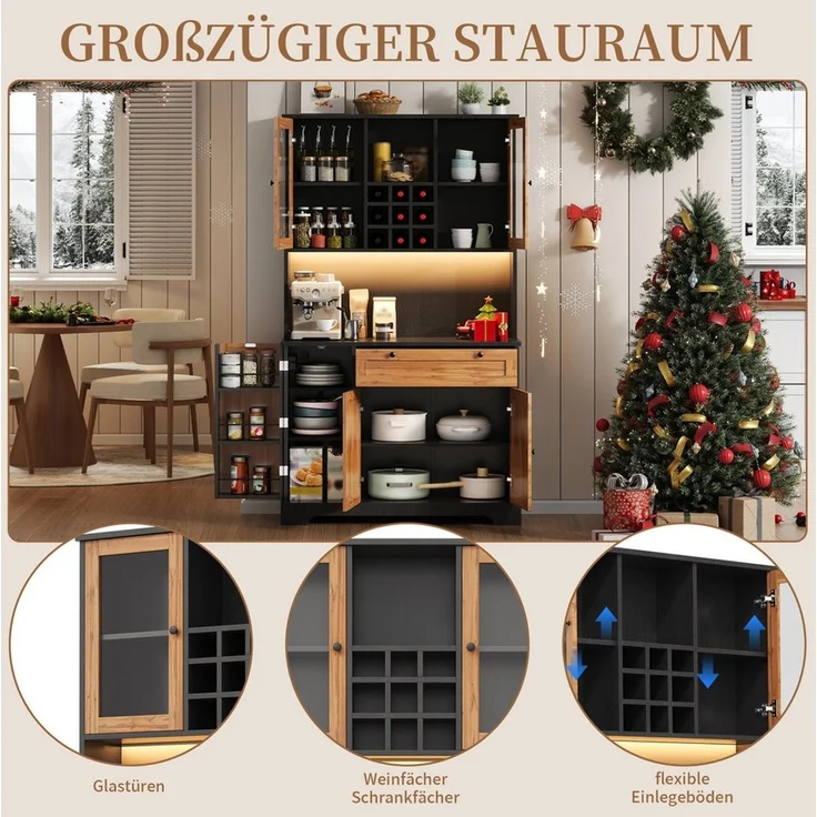 SeedWave Buffet Vielseitiges Küchenbuffet mit LED-Lichtleiste, Ladefunktion, Weinregal Hochschrank mit Höhe 180cm, 2× Glastüren, viel Stauraum – Bild 3