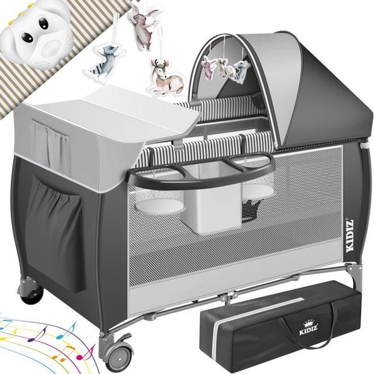 KIDIZ® Babybett Reisebett Kinderreisebett Faltbar mit Matratze 120x60, Seiteneingang, Wickelauflage, Mosktionetz, Spielbogen & Tragetasche Baby Beistellbett Kinderbett ab Geburt bis 15 kg Grau – Bild 4
