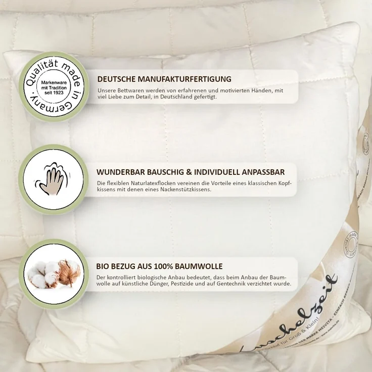 Meivita Kopfkissen Kopfkissen mit Naturlatexflocken und kbA Baumwollbezug, Füllung: 100% Latex (Naturlatexflocken), Bezug: 100% Baumwolle, Seitenschläfer, Rückenschläfer, Bauchschläfer, Kissen Hergestellt in Deutschland – Bild 4