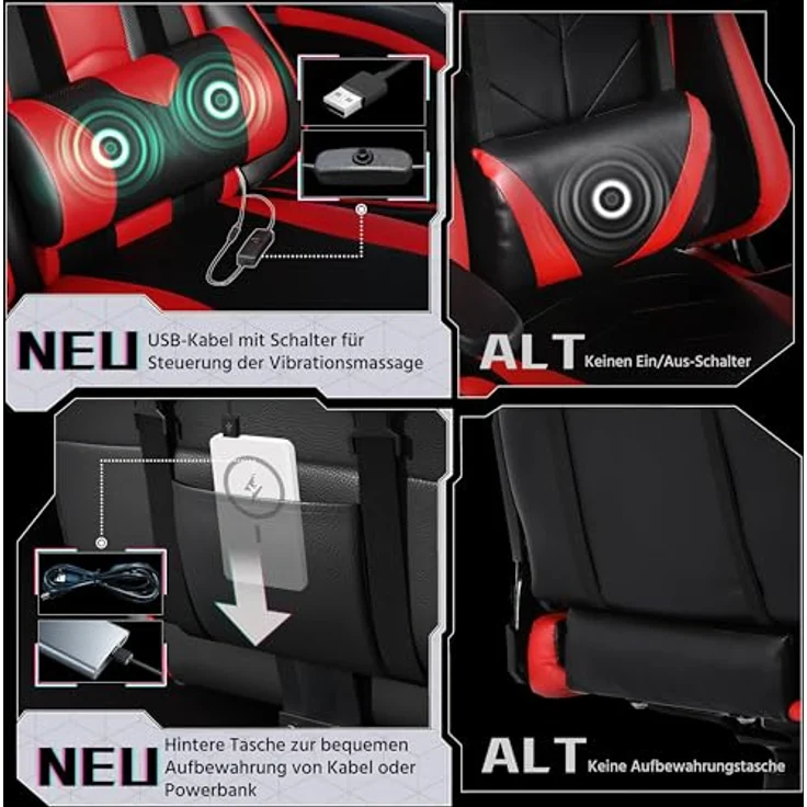 Yaheetech Gaming Stuhl Ergonomischer Gaming Sessel mit Massagefunktion Computerstuhl mit Fußstütze Bürostuhl 90-135° Rückenlehne verstellbar Gamer Stuhl für für Homeoffice und Gaming Rot – Bild 8