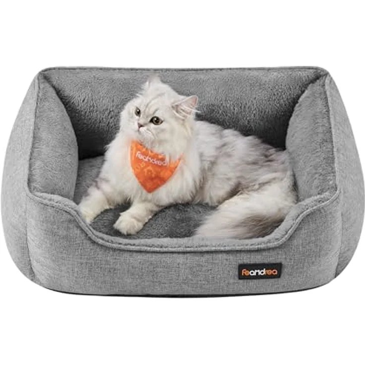 Feandrea Katzenbett, Hundebett, Hundekissen in Leinenoptik, erhöhte Ränder, rutschfeste Unterseite, Bezug abnehmbar waschbar, S, für Minihund, 60 x 50 x 21 cm, hellgrau PGW009G02 – Bild 2