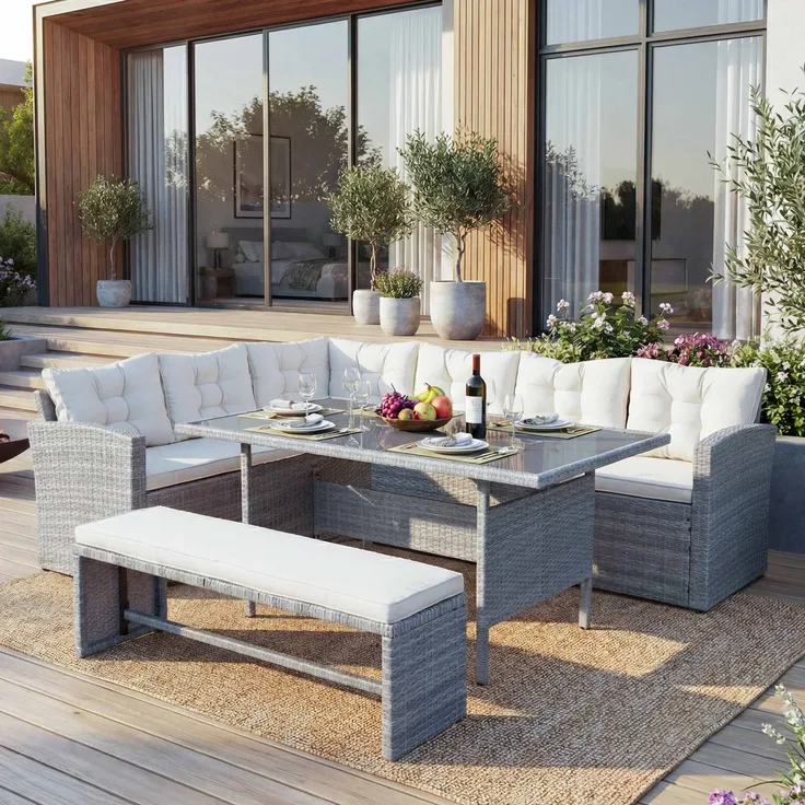 Poly-Rattan-Garnitur HWC-A29, Gartengarnitur Sitzgruppe Lounge-Esstisch-Set Sofa ~ hellgrau, Kissen creme + Bank