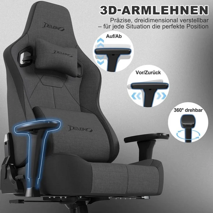 Devoko Gaming-Stuhl Luxuriöser Wildlederimitat,Großzügigem Sitz,gaming stuhl 200kg, Atmungsaktiver Stoff, Memory-Schaum, Leiseroller, Gaslift Stufe 4 – Bild 4
