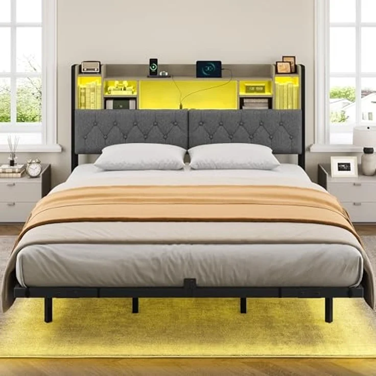 YITAHOME Bettgestell LED mit Kopfteil LED-Doppelbett 180x200CM mit schwebendem Design, Metallrahmen, Stoffbezug in Grau, inkl. USB-Ladestation und Beleuchtung, ohne Matratze – Bild 3