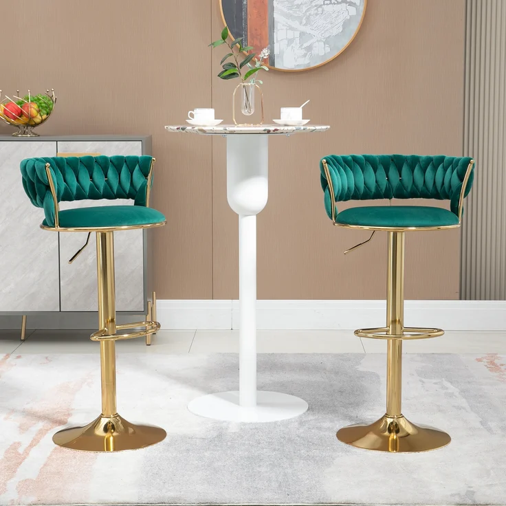 LVHOM Barhocker 2er Set, goldene Stuhlbeine, moderne Samt-Hochstuhl/Barstühle, mit runden Rückenlehne & Fußstütze, 360° drehbar, Höhenverstellbar – Bild 1
