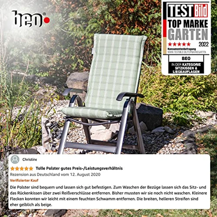 Beo Hochlehner Auflagen Waschbar Ascot | Made in EU Premium Plus Qualität | UV-beständige Gartenstuhlauflagen Hochlehner mit Reißverschluss | Atmungsaktive Stuhlauflagen Hochlehner in Hell-Grau – Bild 8